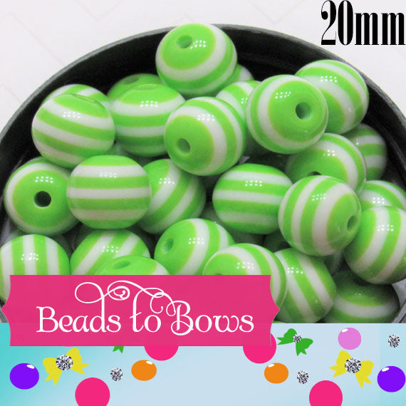 12mm Green Striped Bubblegum Bead, Chunky Beads, 50 Gumball Beads