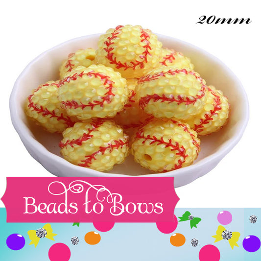 20mm Resin Rhinetone Softball Beads, Red and Yellow Softballl Beads, Bubblegum Beads