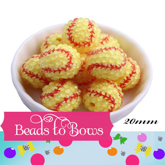 20mm Resin Rhinetone Softball Beads, Red and Yellow Softballl Beads, Bubblegum Beads