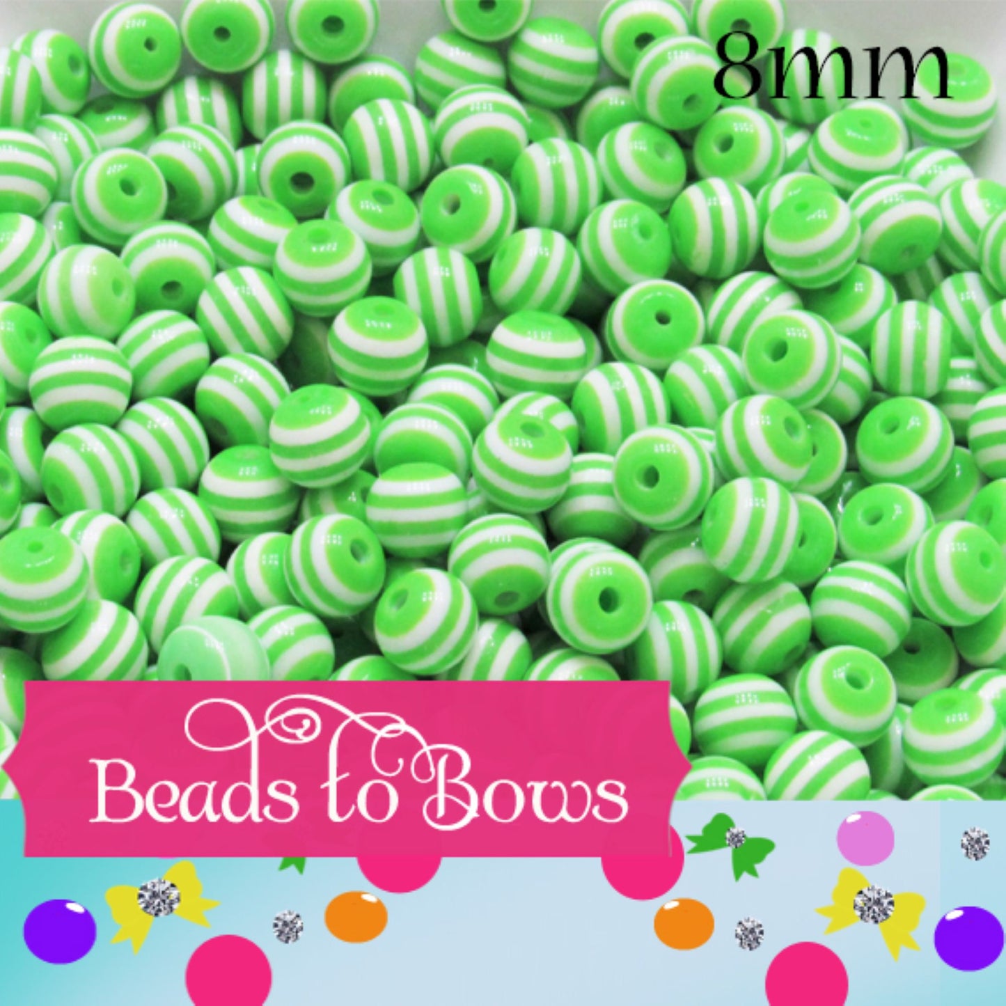 8mm Lime Green Striped Bubble Gum Bead, Jewelry Beads