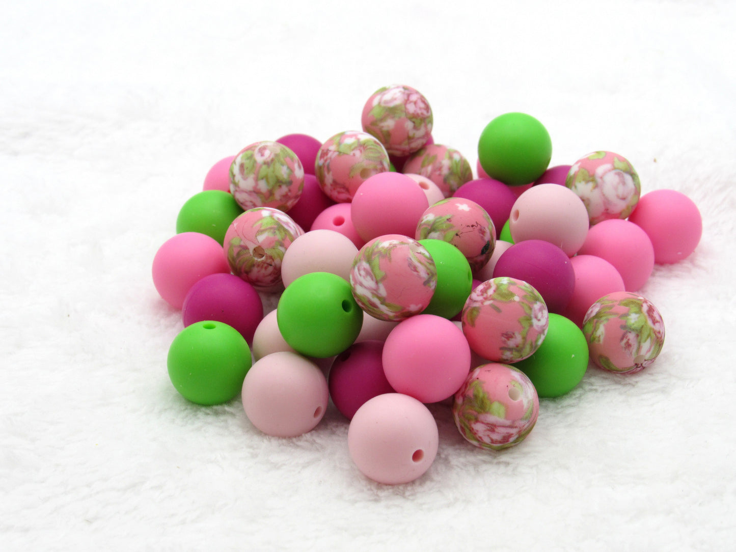 15mm Pink Cabbage Rose Flowers Printed On 15mm Silicone Beads Key Chain Silicone Beads