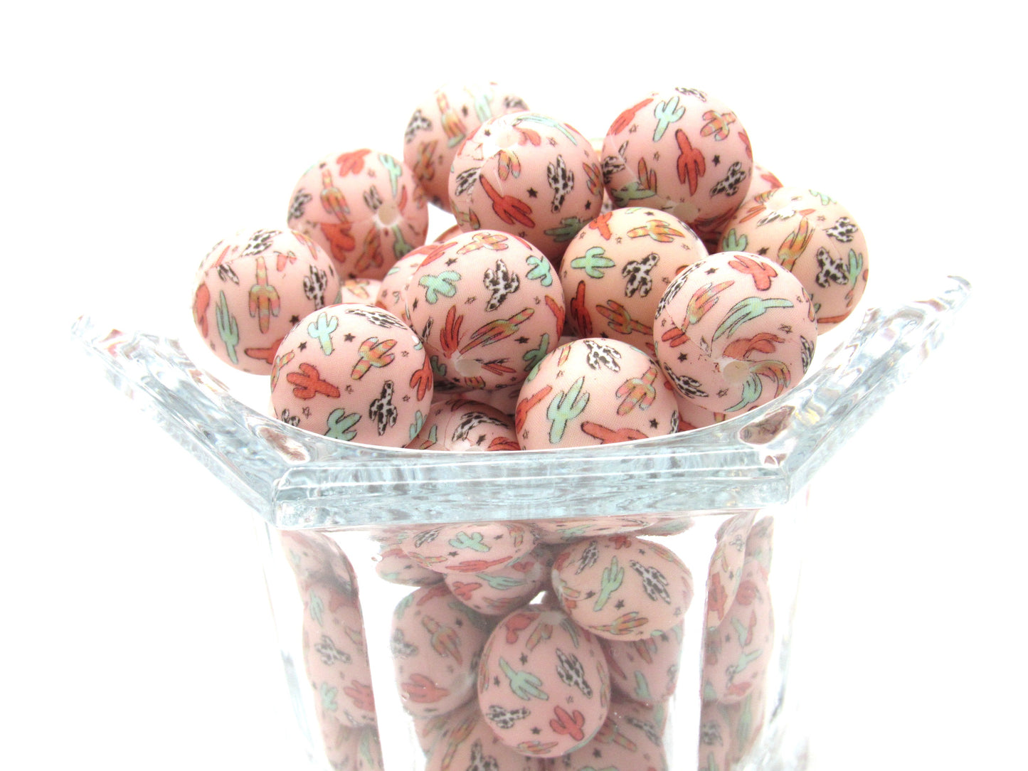 15mm Silicone Cactus Print Silicone Beads - Food Grade Printed Beads for Keychains & Jewelry