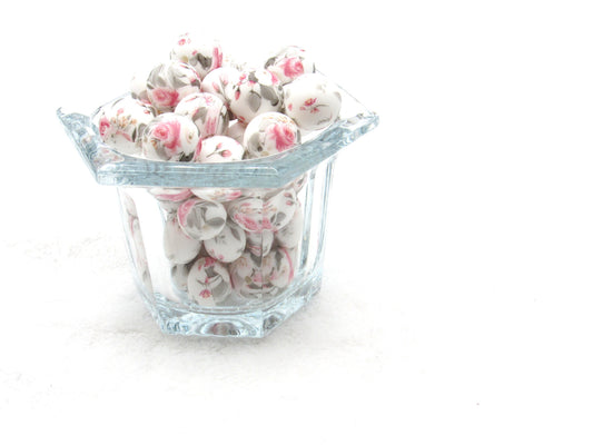 15mm Pink and Grey Rose Blossoms Printed on Silicone Beads - Food Grade Printed Beads for Keychain s & Jewelry