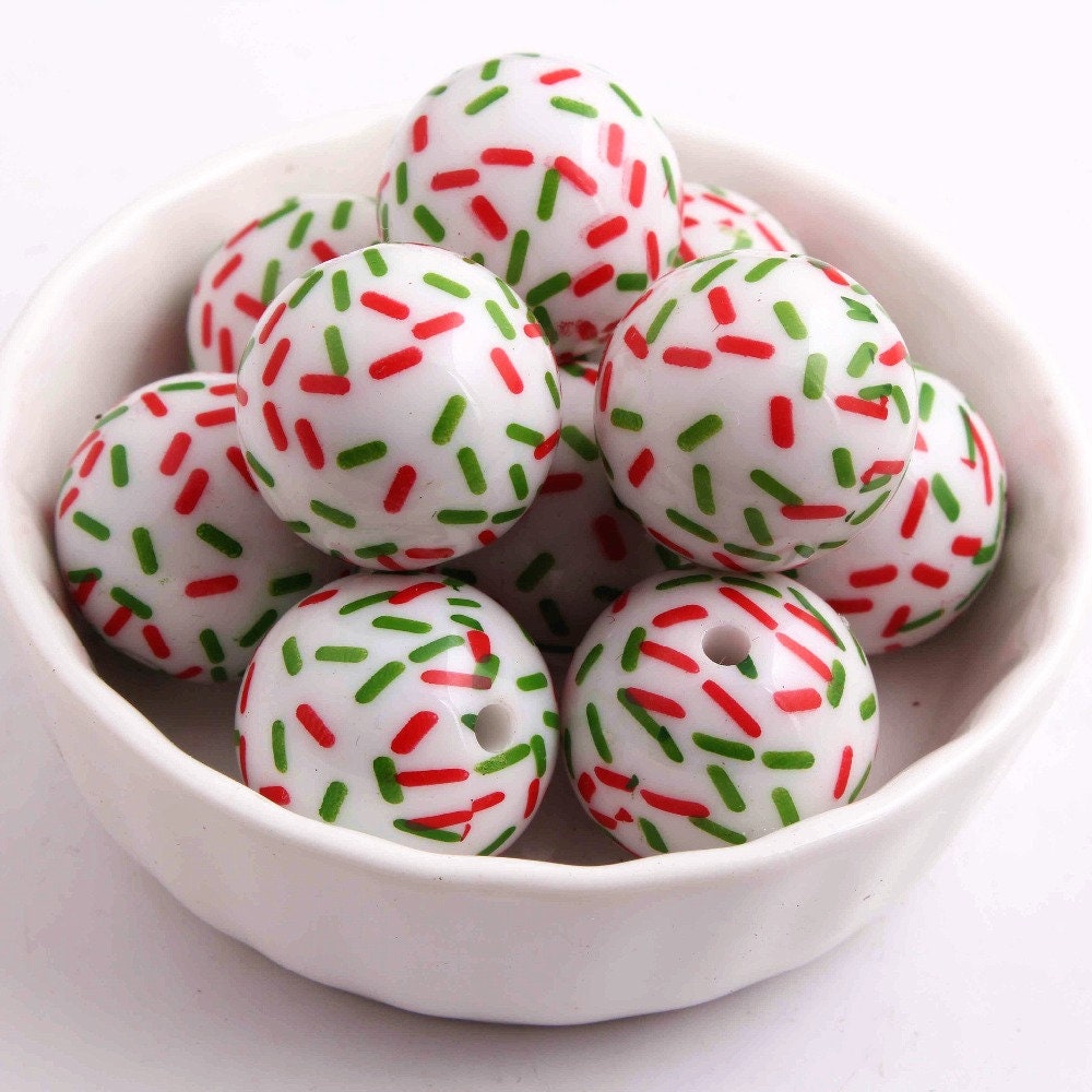 20mm Red And Green On WhiteConfetti Bubblegum Beads, Christmas Confetti Bubblegum Beads, Printed Bubblegum Beads, Chunky Bubblegum Beads