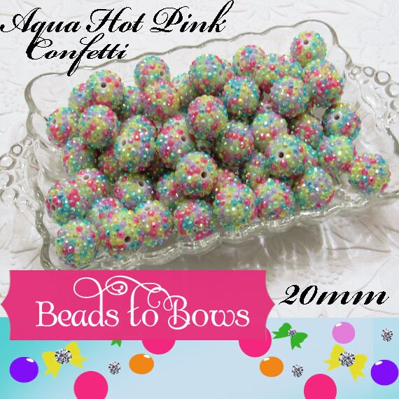 20mm Confetti Rhinestone Beads, Hot Pink Yellow and Aqua Confetti Beads, Rhinestone Beads, Chunky Rhinestone beads, Bead Supply