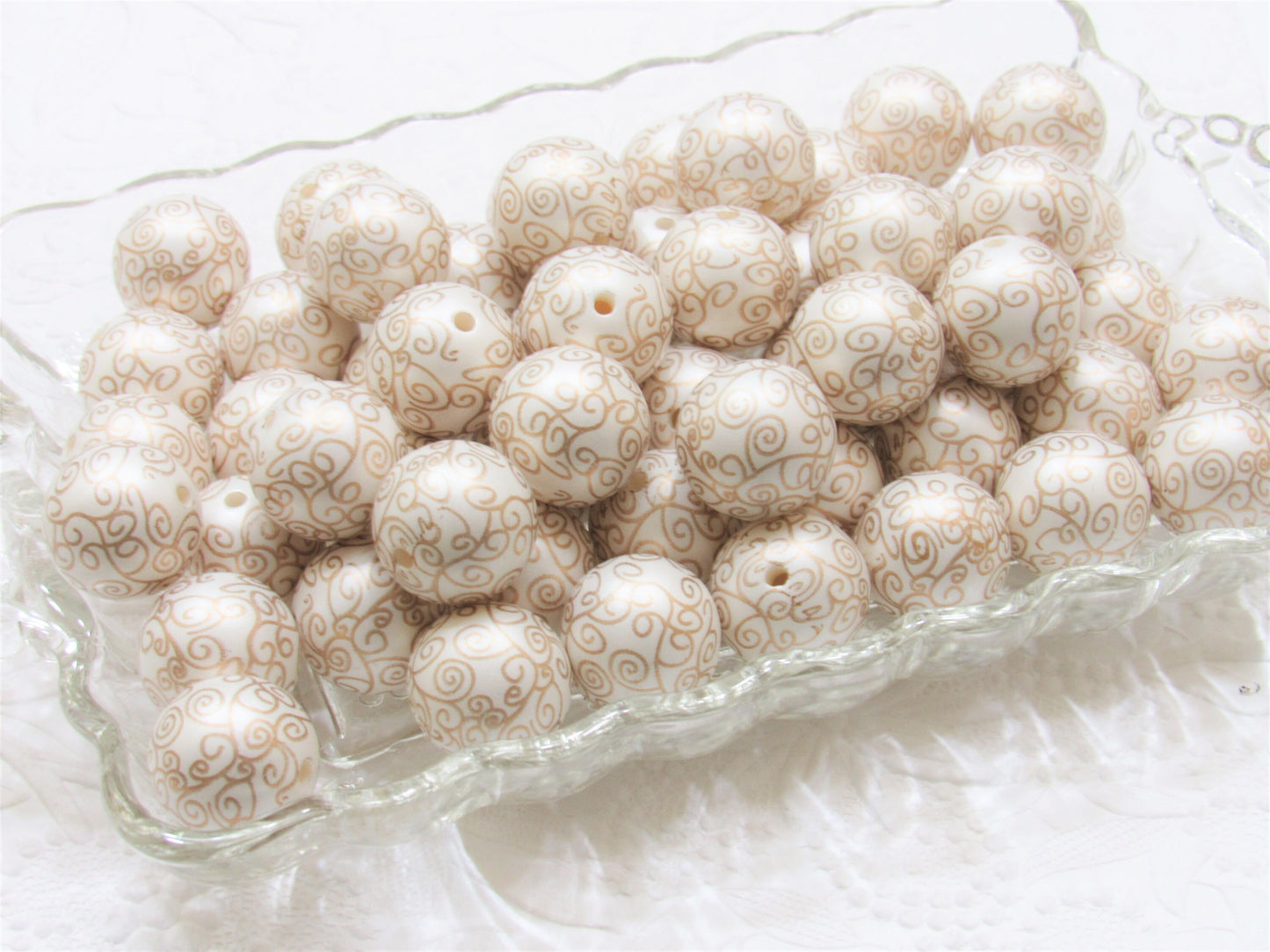 20mm Gold on White Swirl Printed Pearls, Bubblegum Beads, Chunky Gumball Beads, Bubblegum Bead Supply, Chunky Printed Pearl Beads