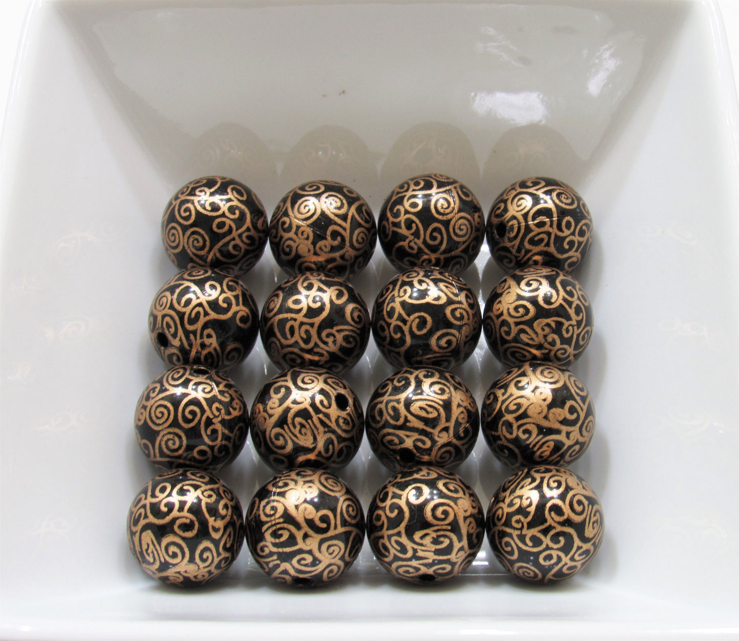 20mm Printed Swirls Gold on Black Pearls, Bubblegum Beads, Chunky Gumball Beads, Bubblegum Bead Supply, Chunky Printed Pearl Beads