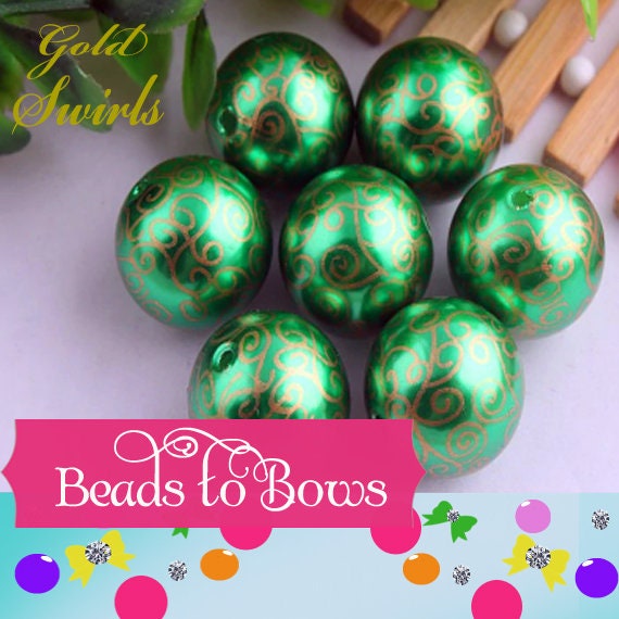 NEW 20mm Gold on Green Swirl Printed Pearls, Bubblegum Beads, Chunky Gumball Beads, Bubblegum Bead Supply, Chunky Printed Pearl Beads