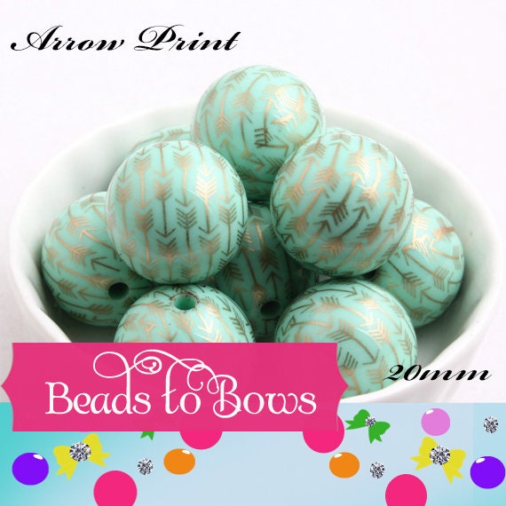20mm Valentine Gold Arrow Printed Mint Beads, Chunky Bubblegum Beads, Acrylic Beads, Round Beads,Gumball Beads, Supply Beads