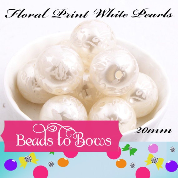 NEW 20mm White Floral Print on White Pearls, Bubblegum Beads, Chunky Gumball Beads, Bubblegum Bead Supply, Chunky Printed Pearl Beads
