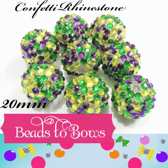 New Chunky Confetti Purple, Yellow, Green 20mm Rhinestone Beads, Bubblegum Beads, Chunky Rhinestone beads, Mardi Gras Chunky Bead Supply
