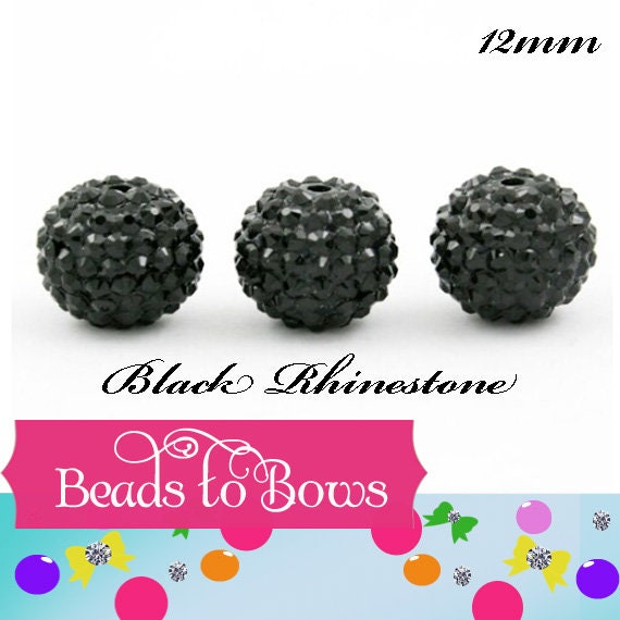 12mm Black Rhinestone Beads, Chunky Bead, Bubblegum Beads, Gumball Beads Rhinestone Beads, 12mm Necklace Supply Beads