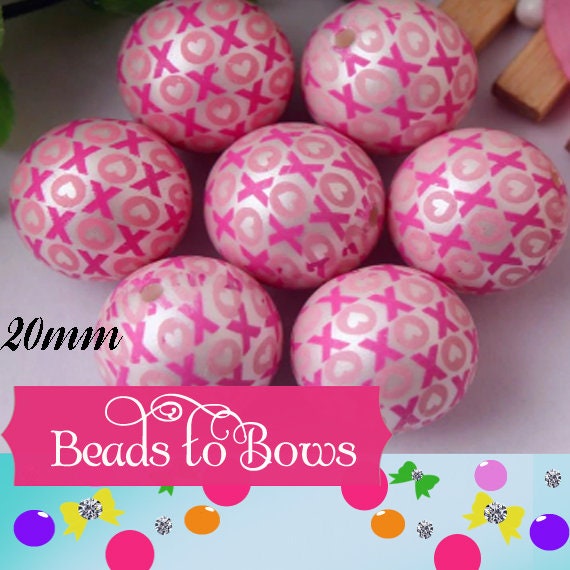 NEW 20mm Hugs and Kisses Print On Pink Valentine Beads, X's and O's Valentine Chunky Pink Beads, Bubblegum Beads, Gumball Beads, Supply Bead