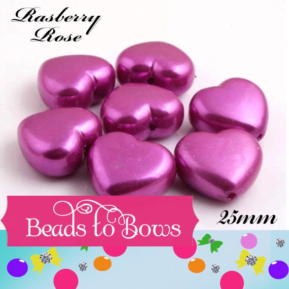 5 for 2.49 Raspberry Rose 25mm Pearl Heart Beads, Bubblegum Heart Bead, Chunky Valentine Heart Bead, Necklace Pearl Heart