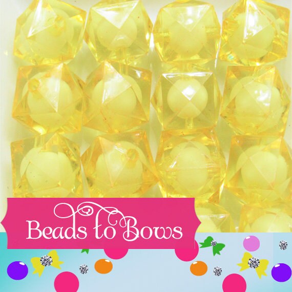 20mm Yellow Cubed Faceted Beads, Bead In A Bead Bubblegum Bead, Chunky Faceted Beads, Chunky Beads Bubblegum Bead