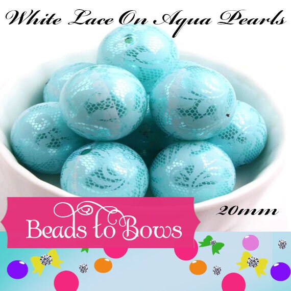 NEW 20mm Printed Aqua Pearls With White Lace Bubblegum Pearls, Chunky Gumball Beads, Bubblegum Bead, Chunky Printed Pearl Beads