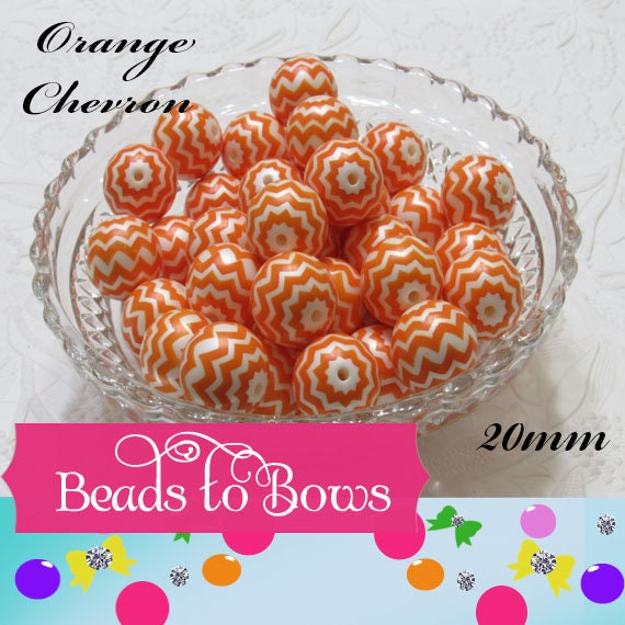 20mm Orange Chevron on Matte White Pearls, Bubblegum Beads, Chunky Gumball Beads, Bubblegum Bead Supply, Chunky Printed Pearl Beads