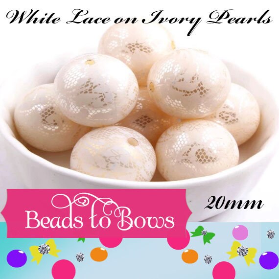 NEW 20mm Printed Ivory Pearls With White Lace Bubblegum Pearls, Chunky Gumball Beads, Bubblegum Bead, Chunky Printed Pearl Beads