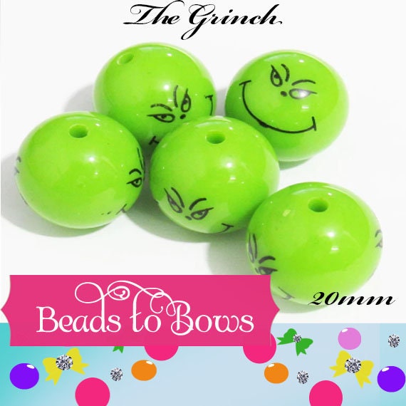 SALE 20mm Green Grinning Face Inspired 20mm Beads, Christmas Ghost Beads, Bubblegum Necklace Supply, Gumball Beads, Chunky Gumball Beads