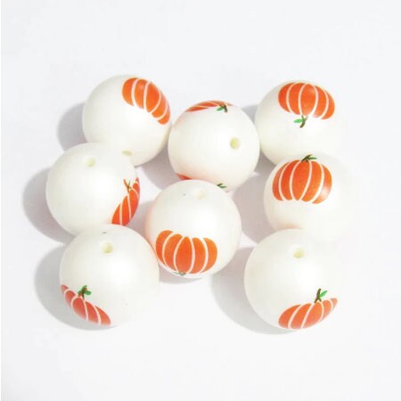 NEW 20mm Pumpkin Printed Beads, Bubblegum Pumpkin Print Bead - Halloween Pumpkin Beads, Chunky Bead Supply
