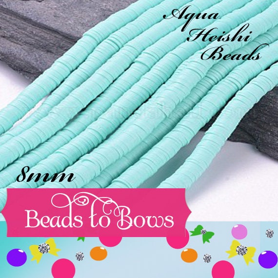 8mm Aqua Heishi Bead Strands, Flat Round Polymer Clay Beads, Disc Heishi Beads, LIght Weight, Hawiian Earring Beads, Bracelets
