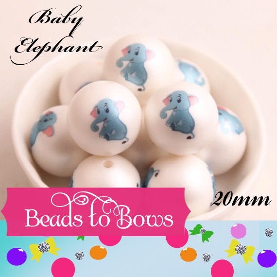 NEW 20mm Baby Elephant Printed On Matte White Beads, Printed Bubblegum Elephant Bead, Adorable Baby Elephant Printed Beads