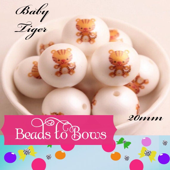 NEW 20mm Baby Tiger Printed On Matte White Beads, Printed Tiger On Bubblegum Bead Adorable Baby Leopard Printed Beads, Animal Print Bead