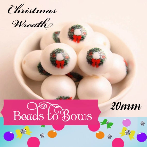 20mm Red & Green Printed Christmas Wreath Printed Bubblegum Beads, Christmas Beads, Chunky Gumball Beads, Bubblegum Necklace Bead Supply,