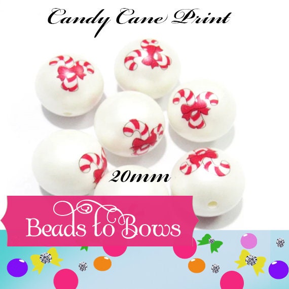 20mm Candy Canes Printed On White Matte Bubblegum Beads, Red Candy Canes Printed On White Matte Beads, Bubble Gum Beads