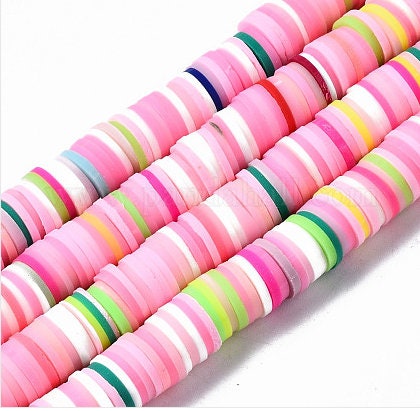 8mm Pink Multi Heishi Bead Strands, Flat Round Polymer Clay Beads, Disc Heishi Beads, LIght Weight, Hawiian Earring Beads, Bracelets