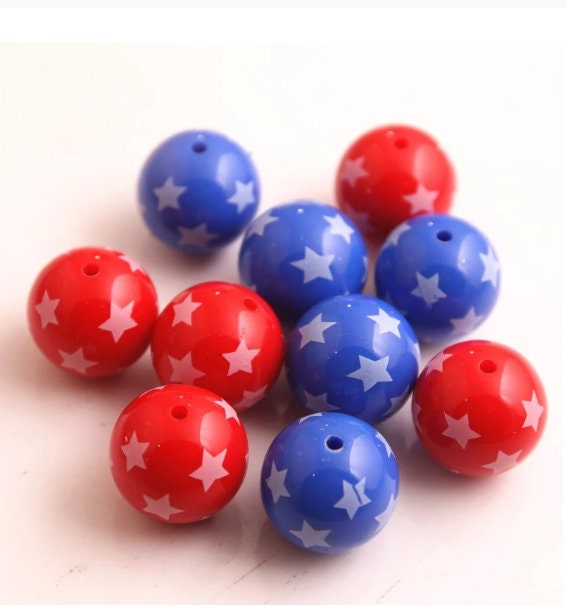 New 20mm White Stars Printed Red and Blue Bubblegum Beads Acrylic Beads, Chunky Gumball Beads With Stars, July 4th. Red White and Blue Beads