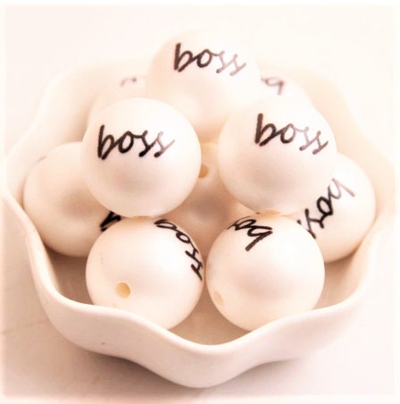 20mm Boss Print On White Matte Bubblegum Beads, Boss Printed White Matte Bead, Bubble Gum Beads, Bubble Beads, Printed Beads