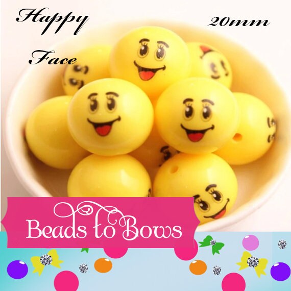 NEW 20mm Yellow Happy Face Bubblegum Beads, Cute 20mm Smiley Happy Face Beads, Bubblegum Beads