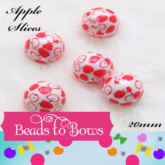 20mm Red And White Printed Apple Slice On Matte White Pearls, Bubblegum Beads, Chunky Gumball Beads, Bubblegum Bead Supply