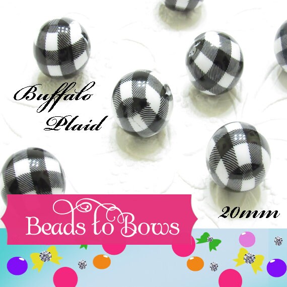 20mm White and Black Checked Bubblegum Beads, Buffalo Plaid Bubblegum Beads, Round Bubblegum Print Beads, Acrylic Bubblegum Bead