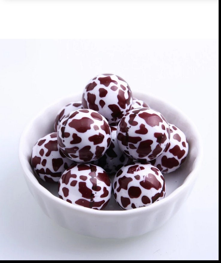 NEW 20mm Brown and white Cow Print Bubblegum Bead, Chunky Cow Beads, Gumball Beads, Bubblegum Necklace Supply Beads, Chunky Bead Supply,