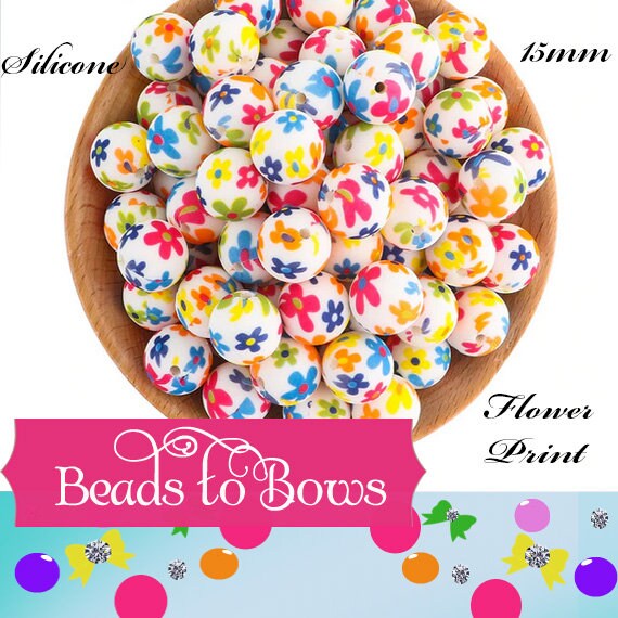 15mm Flower Print Silicone Beads, Baby Teething Beads, Beads For Wristlet Key Chain, Food Grade Beads