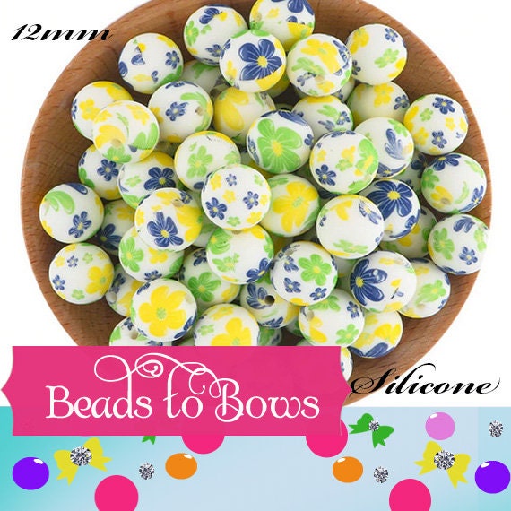15mm Forget Me Not Flower Print Silicone Beads, Baby Teething Beads, Beads For Wristlet Key Chain, Food Grade Beads