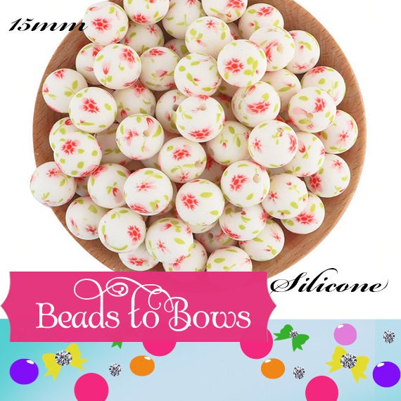 15mm Tiny Rose Colored Flower Print Silicone Bead, Spring Silicone Print Teething Beads, Food Grade Silicon Beads, Key Chain Silicone Beads