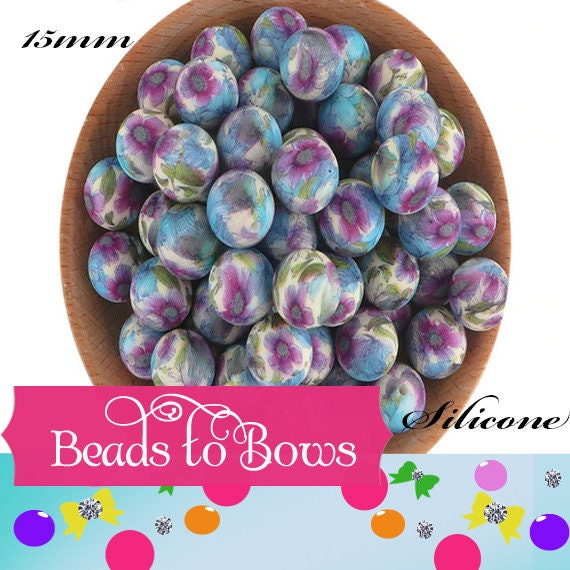15mm Lavender Blue Print Silicone Bead, Printed Silicone Beads, Teething Beads, Food Grade Silicon Beads, Key Chain Silicone Beads