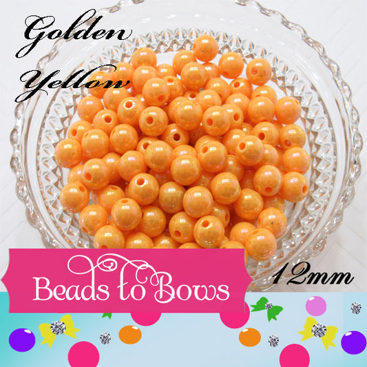 12mm AB Golden Yellow Iridescent Bubblegum Beads - 50 - 2.99 Pack Rainbow Sparkle effect