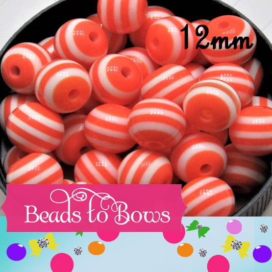 50- Orange Striped 12mm Bubblegum Bead, Chunky Beads, Gumball Beads