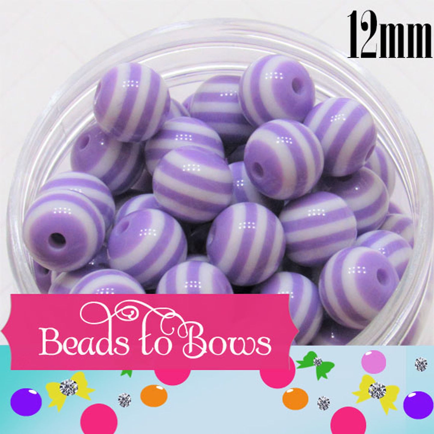 50  Purple Striped 12mm Bubblegum Bead, Chunky Beads, Gumball Beads