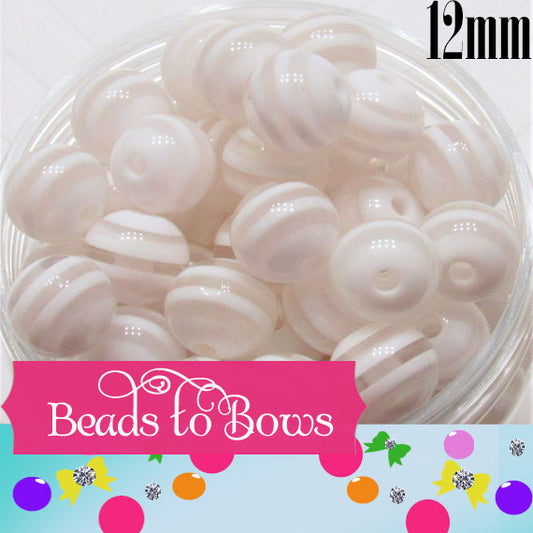 50- White Striped 12mm Bubblegum Bead, Chunky Beads, Gumball Beads
