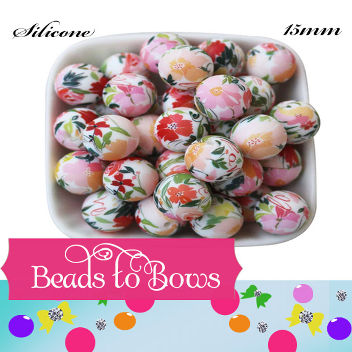 15mm  Printed Silicone Beads | Spring Fling Floral design I Food Grade Silicone Beads for Keychains, Jewelry Making