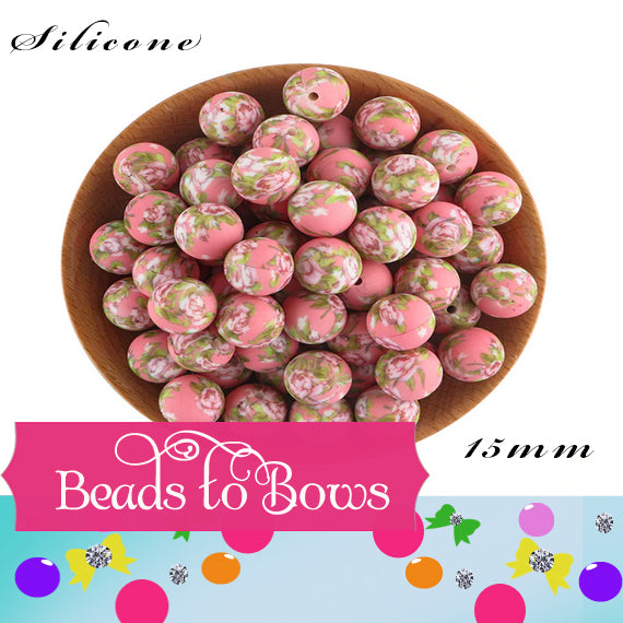15mm Pink Cabbage Rose Flowers Printed On 15mm Silicone Bead, Silicone Teething Beads, Key Chain Silicone Beads