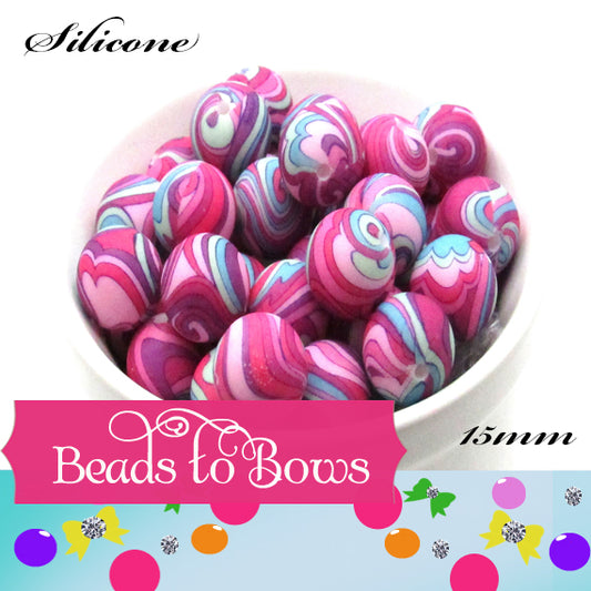 15mm Mulberry and Blue Swirls Printed on Silicone Beads - Food Grade Printed Beads for Keychains & Jewelry       y