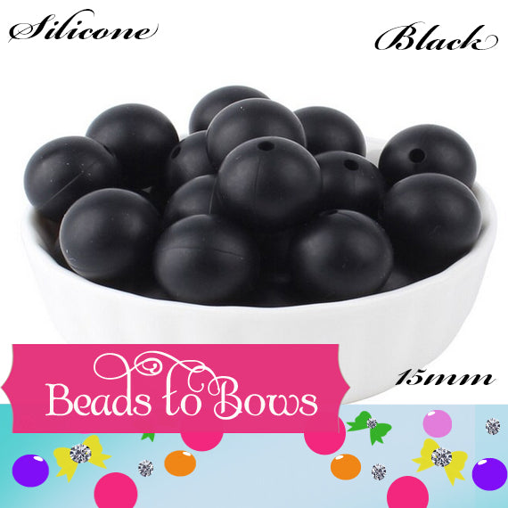 Silicone solids 15mm Black Silicone Bead, Teething Silicone Beads, Beadable Pen Beads