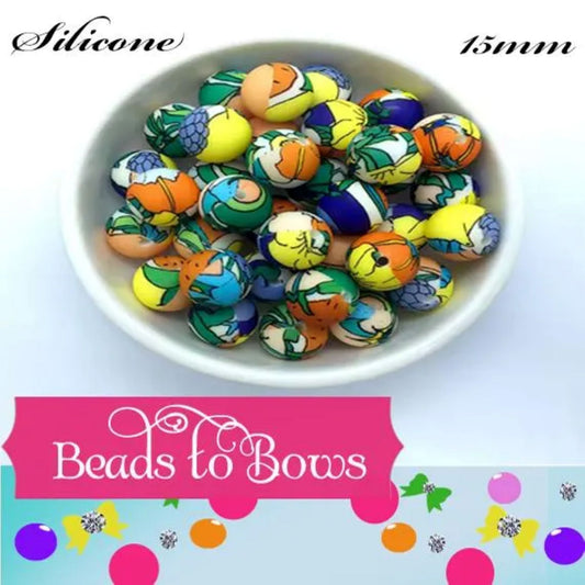 15mm Printed Silicone Beads - Blues, yellows and orange patterend, Food Grade Printed Beads for Keychains & Jewelry