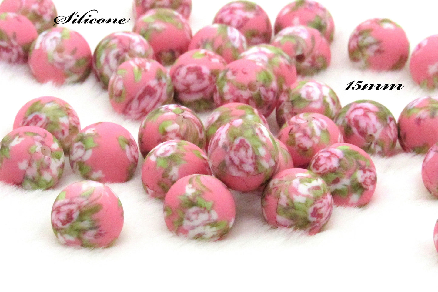 15mm Pink Cabbage Rose Flowers Printed On 15mm Silicone Bead, Silicone Teething Beads, Key Chain Silicone Beads